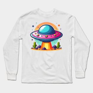 Colorful UFO Flying Saucer Over Desert Long Sleeve T-Shirt